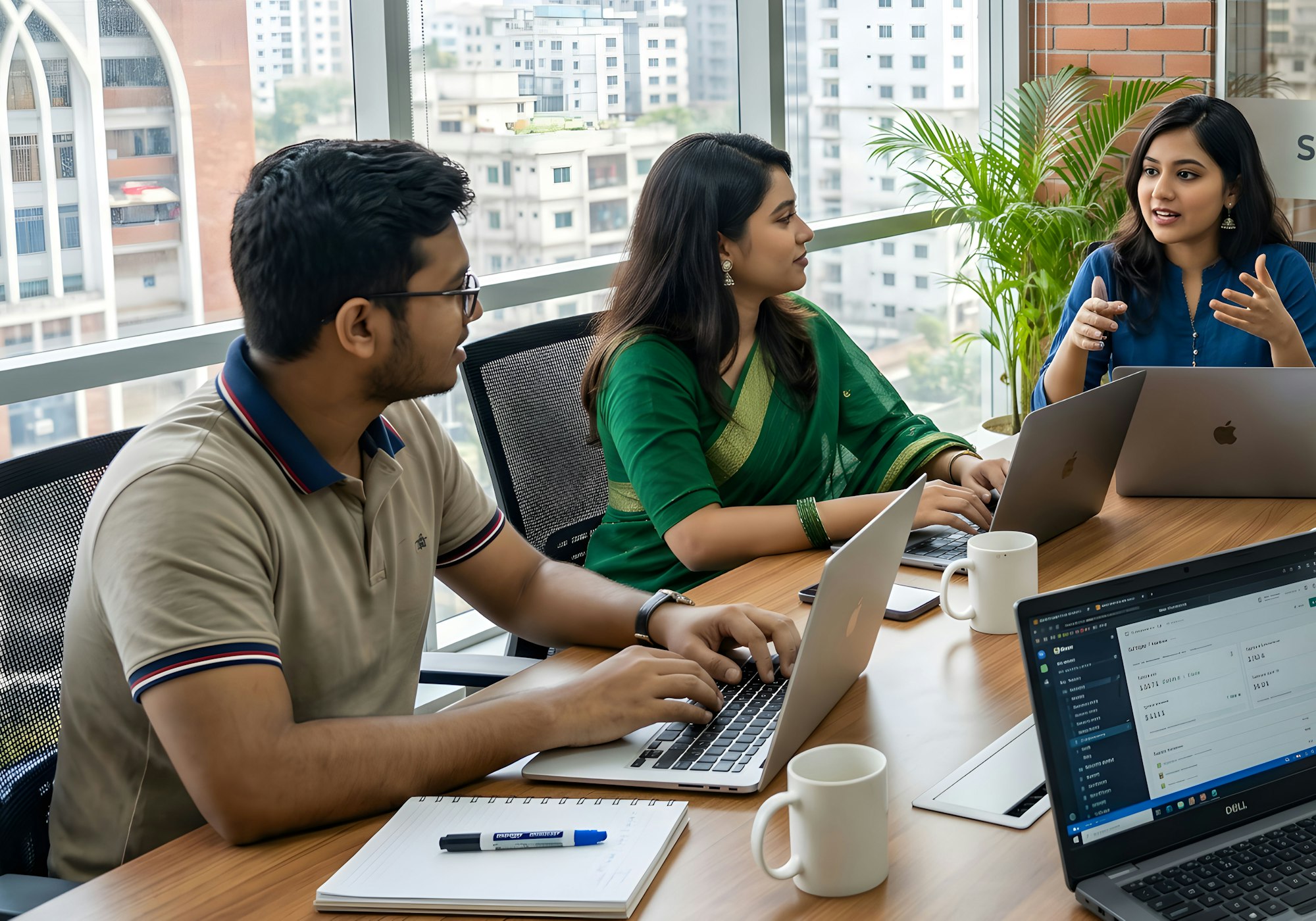 An Indian team reviewing work together in a modern office