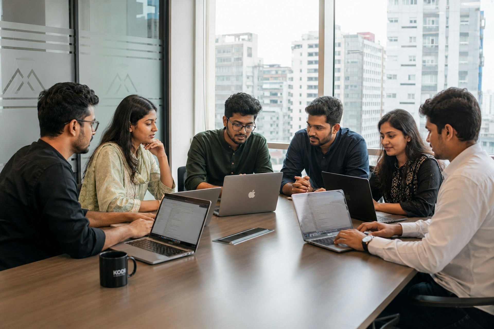 Colleagues collaborating around a table with laptops